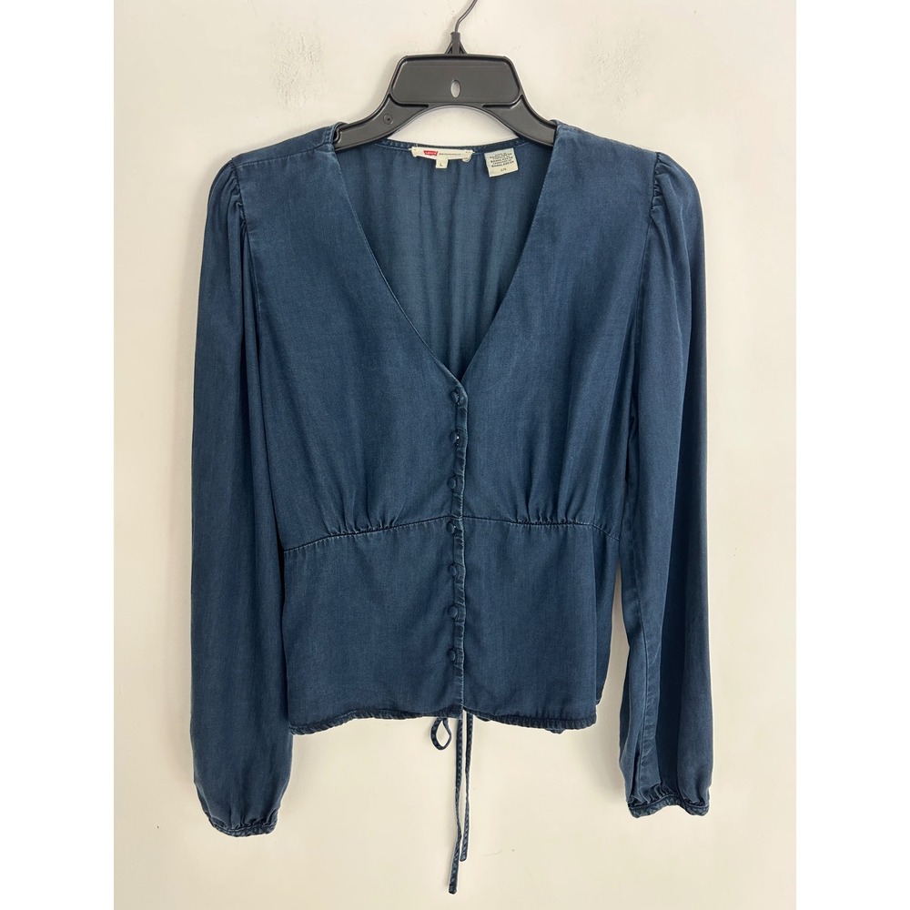Levis Womens Blue Lyocell Button Front V-Neck Empire Waist Blouse Top Large